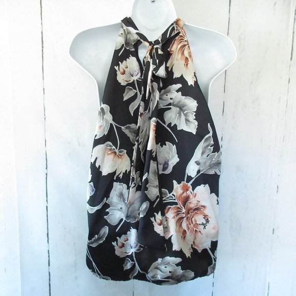 White House Black Market Top S Black Floral Sleeveless High Neck Halter - Picture 2 of 6